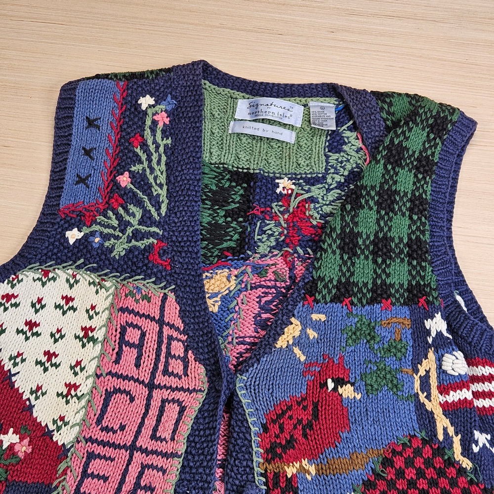 Signatures by Northern Isles Vest Womens XL Patchwork Knitted Hand Embroidered